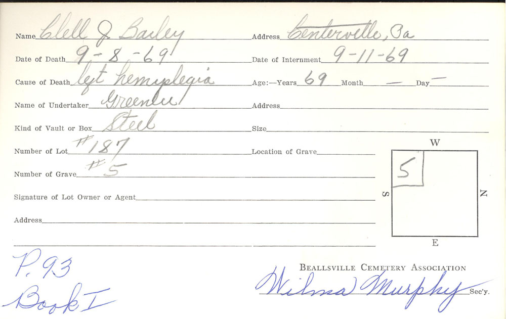 Clell Jeffrey Bailey burial card